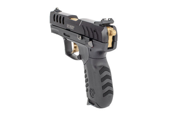 Ruger SR22 has 3-dot sights, vented slide, and gold accents